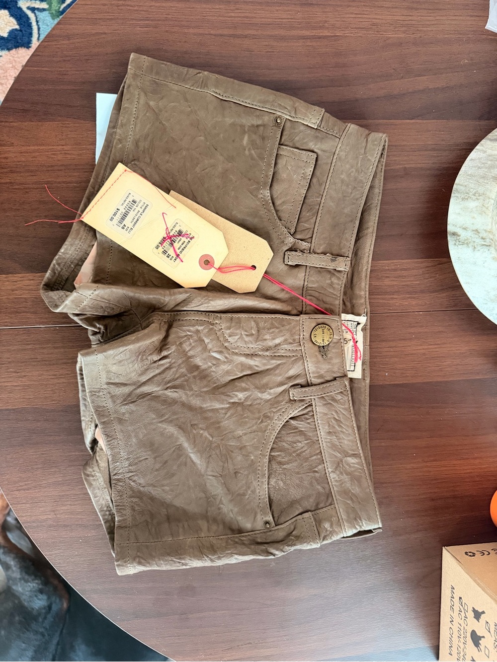 $385 Current/Elliott olive Leather shorts